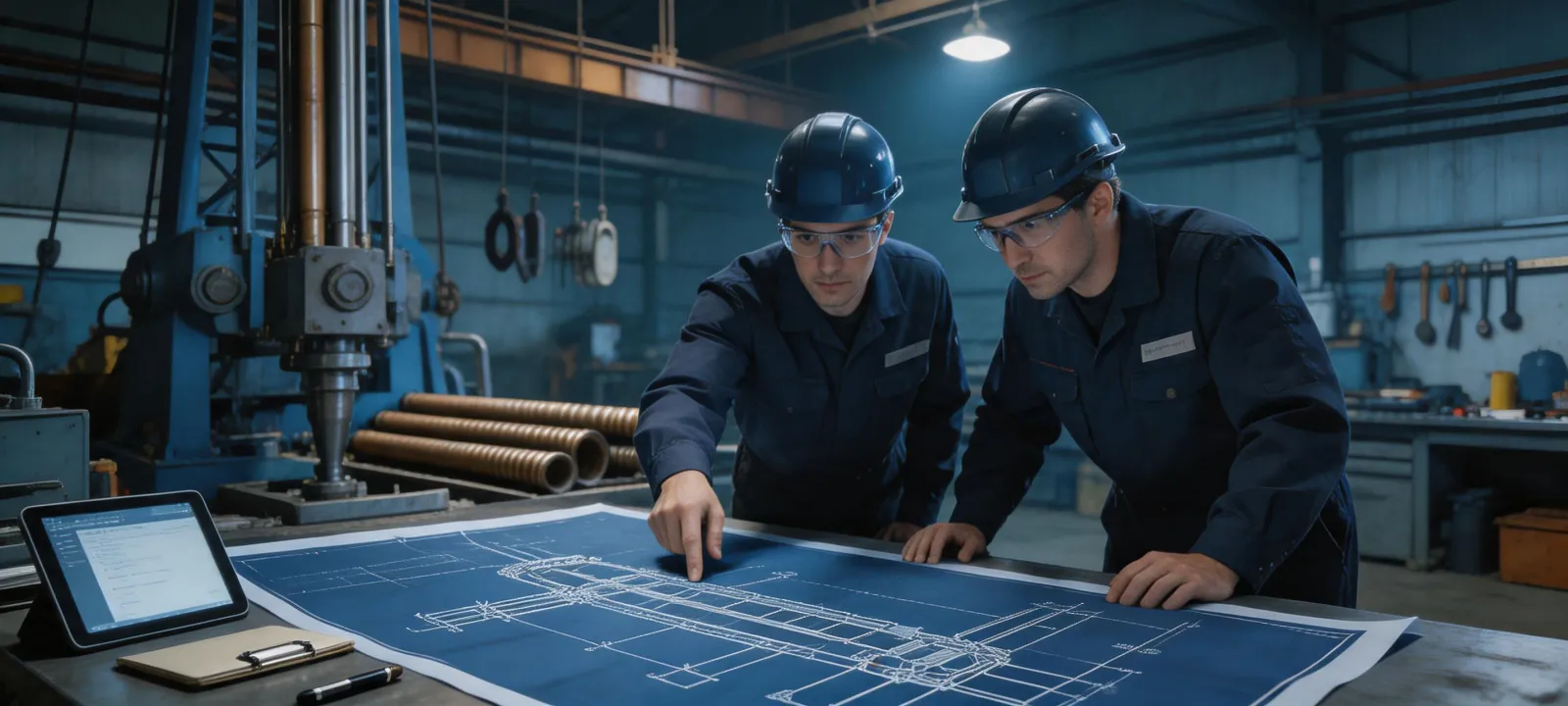 Drilling equipment service engineers reviewing rig documentation